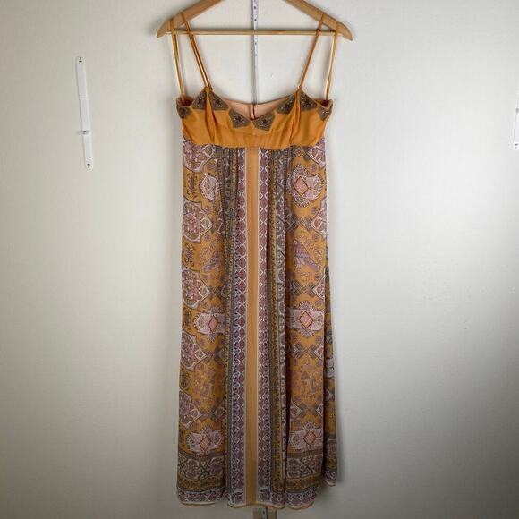 Anthropologie Calida Maxi Dress Size 4P Dark Yellow Print Festival Boho Vacation - Picture 7 of 14